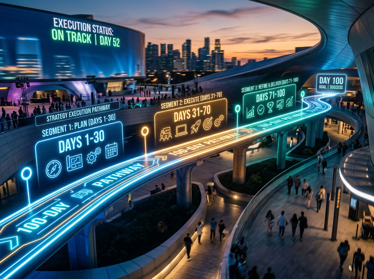 Futuristic 100-day strategy execution pathway with segments plan, execute, refine, and goal, over city setting