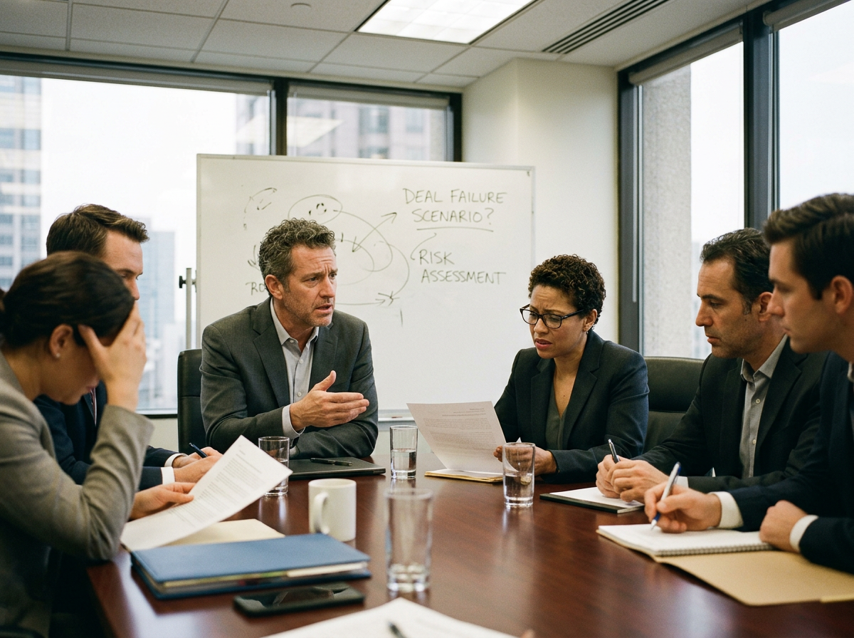 Businesspeople in a meeting analyzing deal failure scenario and risk assessment