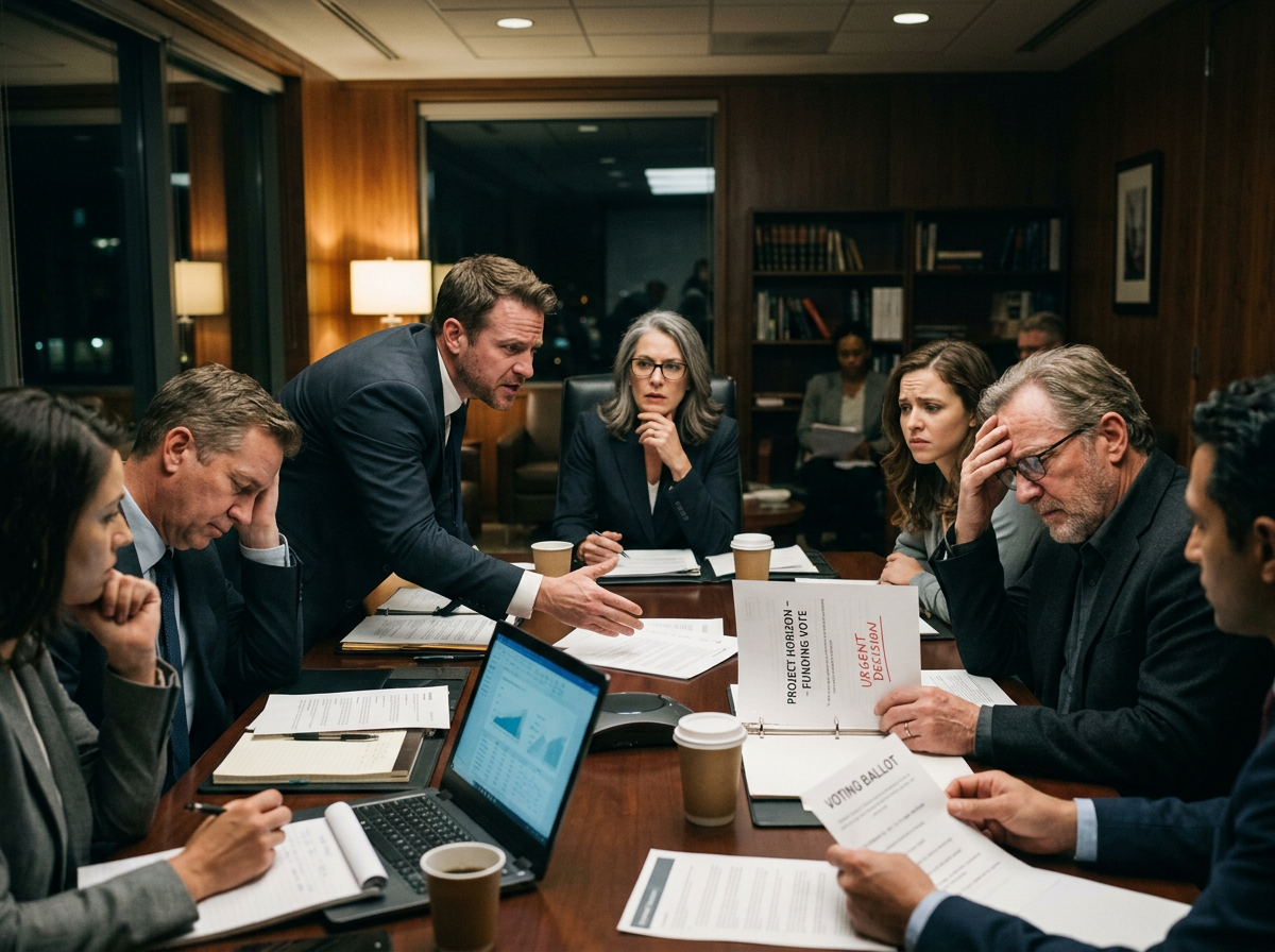 Group of businesspeople in a boardroom discussing urgent project decision documents