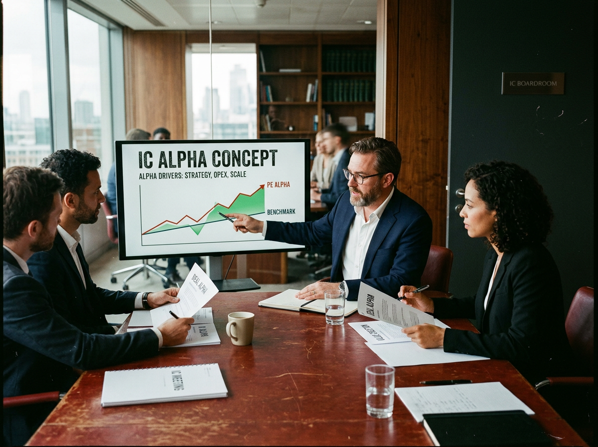 Business meeting with four professionals discussing IC Alpha Concept financial graph