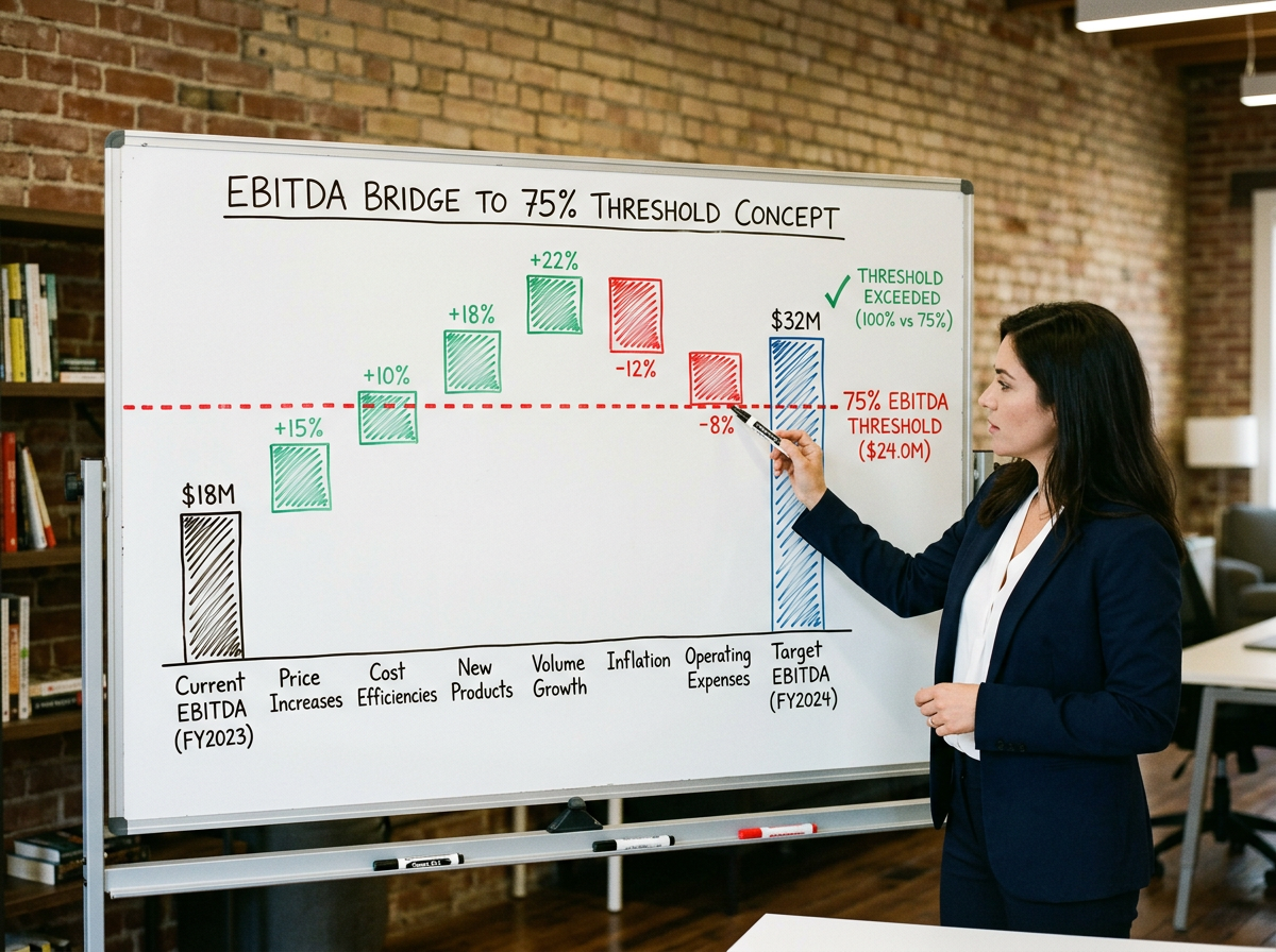 Businesswoman pointing to EBITDA threshold concept chart on whiteboard