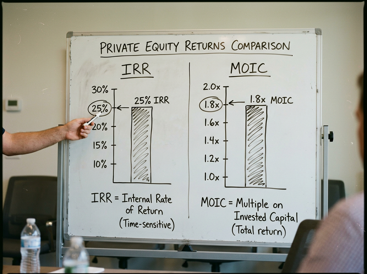 Whiteboard showing private equity returns comparison with IRR at 25% and MOIC at 1.8x
