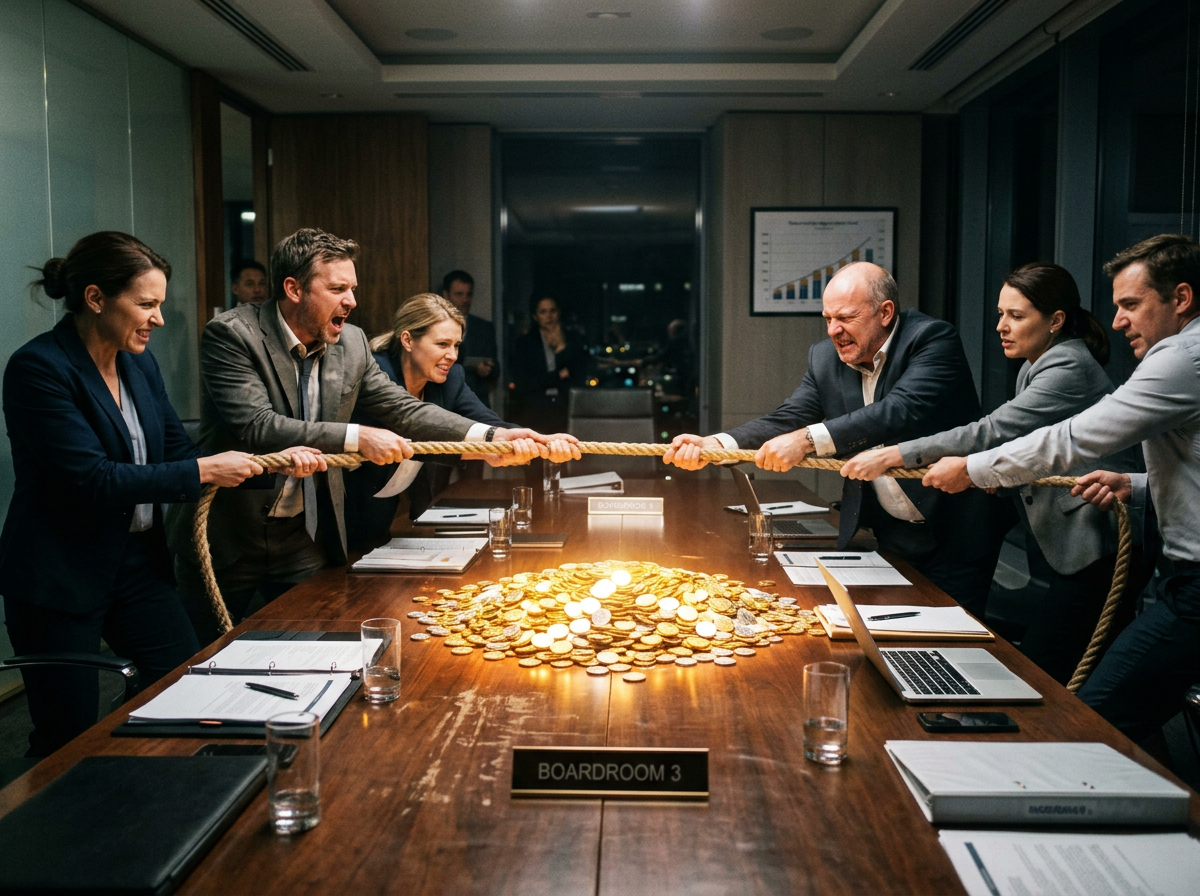 Six businesspeople in a boardroom pulling on a rope over a pile of gold coins on a table